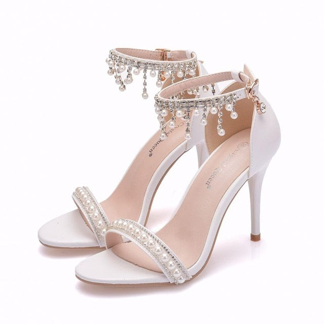 Crystal Queen Sweet White Sexy Wedding Shoes Women Lacing Ankle Strap Peep Toe High Heel