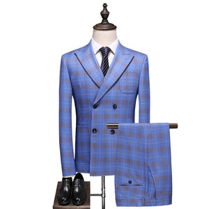 Double Breasted Plaid Suit for Men Light Blue Mens Suits Designers 2019 Terno Slim Fit Masculino Groom Wedding Suit Man