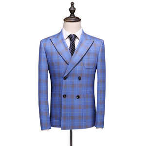 Double Breasted Plaid Suit for Men Light Blue Mens Suits Designers 2019 Terno Slim Fit Masculino Groom Wedding Suit Man