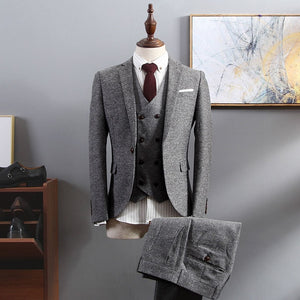 Brown Herringbone Tweed Suit Men Business Dress 3-pieceKorean Slim Fit Groom Wedding Party Suits Tuxedo 6XL Traje Novio 2019