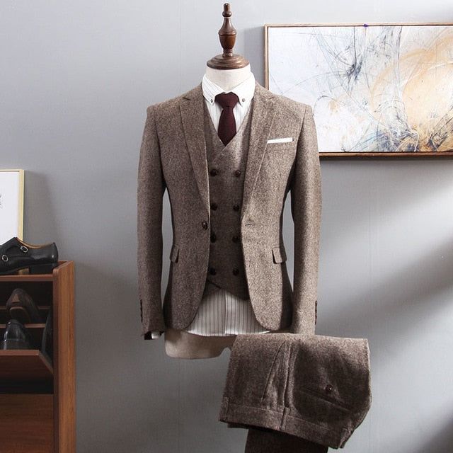 Brown Herringbone Tweed Suit Men Business Dress 3-pieceKorean Slim Fit Groom Wedding Party Suits Tuxedo 6XL Traje Novio 2019