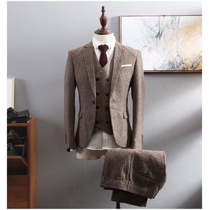 Brown Herringbone Tweed Suit Men Business Dress 3-pieceKorean Slim Fit Groom Wedding Party Suits Tuxedo 6XL Traje Novio 2019