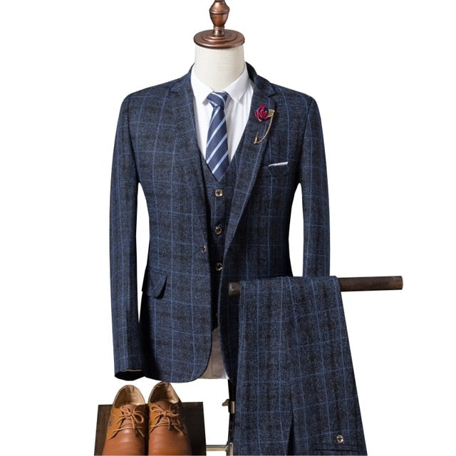 Mens plaid three-piece set Wedding Banquet Men Suit Jacket + Pants + Vest S M L XL XXL XXXL