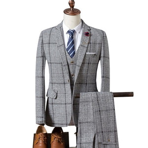 Mens plaid three-piece set Wedding Banquet Men Suit Jacket + Pants + Vest S M L XL XXL XXXL