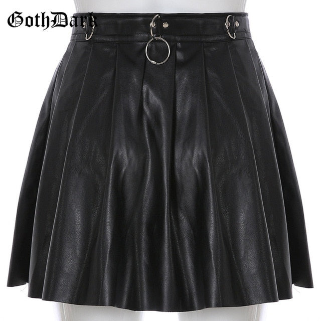 Goth Dark Grunge Punk Summer Gothic Skirts For Women Streetwear Zippper Rivet Pleated Black Metal Ring Skirt PU Sexy Hollow Out