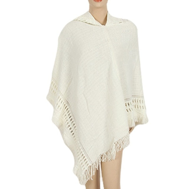 Women Cloak Hooded Sweaters Knit Batwing Top Poncho With Hood Cape Coat Tassel Sweater Outwear