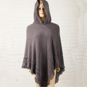 Women Cloak Hooded Sweaters Knit Batwing Top Poncho With Hood Cape Coat Tassel Sweater Outwear