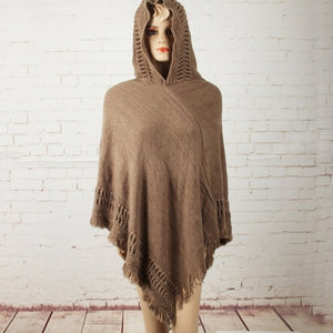 Women Cloak Hooded Sweaters Knit Batwing Top Poncho With Hood Cape Coat Tassel Sweater Outwear