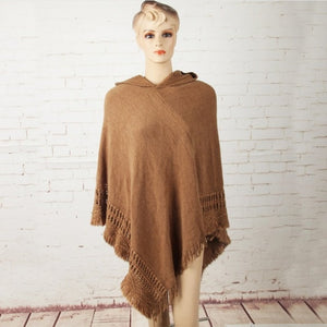 Women Cloak Hooded Sweaters Knit Batwing Top Poncho With Hood Cape Coat Tassel Sweater Outwear