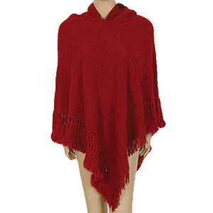 Women Cloak Hooded Sweaters Knit Batwing Top Poncho With Hood Cape Coat Tassel Sweater Outwear