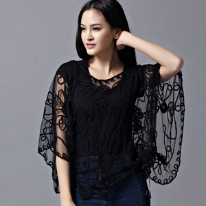 Summer Casual Loose Thin Mesh Embroidery Floral Batwing Cloak Cape for  Women