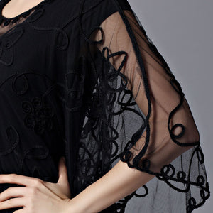 Summer Casual Loose Thin Mesh Embroidery Floral Batwing Cloak Cape for  Women