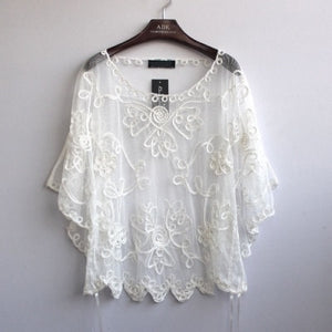 Summer Casual Loose Thin Mesh Embroidery Floral Batwing Cloak Cape for  Women