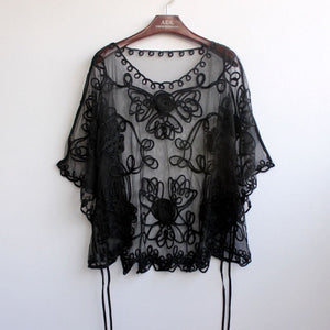 Summer Casual Loose Thin Mesh Embroidery Floral Batwing Cloak Cape for  Women