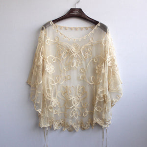 Summer Casual Loose Thin Mesh Embroidery Floral Batwing Cloak Cape for  Women