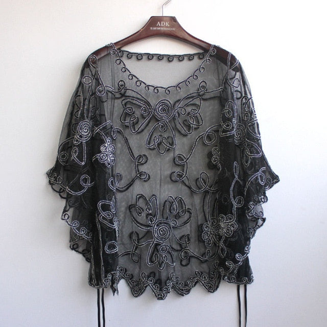 Summer Casual Loose Thin Mesh Embroidery Floral Batwing Cloak Cape for  Women