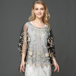 Summer Casual Loose Thin Mesh Embroidery Floral Batwing Cloak Cape for  Women