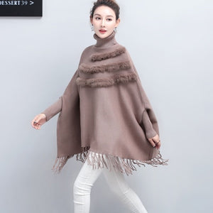 Spring Women High-Neck Cloak Pullover Loose Long Bat Sleeve  Cloak Poncho Sweater