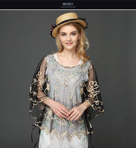 Summer Casual Loose Thin Mesh Embroidery Floral Batwing Cloak Cape for  Women