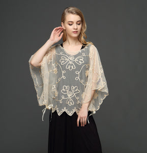 Summer Casual Loose Thin Mesh Embroidery Floral Batwing Cloak Cape for  Women