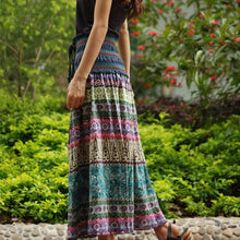 Load image into Gallery viewer, Boho Floral A-line Women's Maxi Skirt Elastic High Waist Sashes Vintage Pleated Skirt