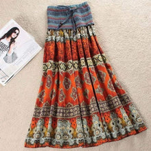 Load image into Gallery viewer, Boho Floral A-line Women's Maxi Skirt Elastic High Waist Sashes Vintage Pleated Skirt