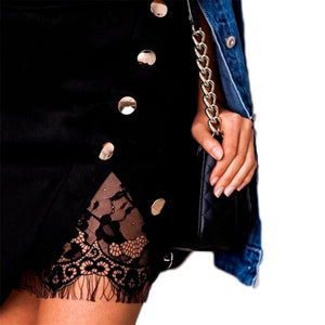 New fashion Women Ladies High Waist Pencil Skirts button lace patchwork sexy Bodycon Suede Leather split party casual Mini Skirt