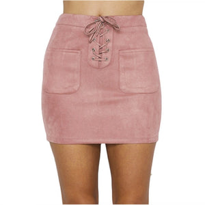 New fashion Women Ladies High Waist Pencil Skirts button lace patchwork sexy Bodycon Suede Leather split party casual Mini Skirt