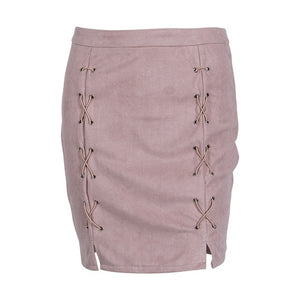 New fashion Women Ladies High Waist Pencil Skirts button lace patchwork sexy Bodycon Suede Leather split party casual Mini Skirt