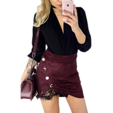 Load image into Gallery viewer, New fashion Women Ladies High Waist Pencil Skirts button lace patchwork sexy Bodycon Suede Leather split party casual Mini Skirt