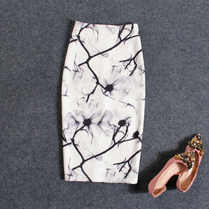 Women Flower Printing High Waist Body con Slim Midi Split Sexy Pencil Skirts