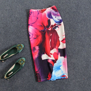 Women Flower Printing High Waist Body con Slim Midi Split Sexy Pencil Skirts