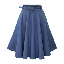 Load image into Gallery viewer, Casual High Waist Jeans Blue Skirt For Summer Slim A-line Loose Cotton Skirt Women Knee-length Pleated Skirt With Belt