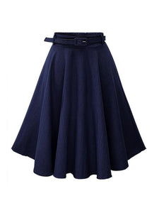 Casual High Waist Jeans Blue Skirt For Summer Slim A-line Loose Cotton Skirt Women Knee-length Pleated Skirt With Belt