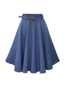 Casual High Waist Jeans Blue Skirt For Summer Slim A-line Loose Cotton Skirt Women Knee-length Pleated Skirt With Belt