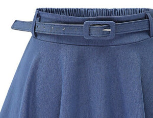 Casual High Waist Jeans Blue Skirt For Summer Slim A-line Loose Cotton Skirt Women Knee-length Pleated Skirt With Belt