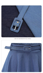 Casual High Waist Jeans Blue Skirt For Summer Slim A-line Loose Cotton Skirt Women Knee-length Pleated Skirt With Belt