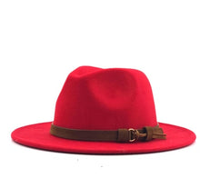 Load image into Gallery viewer, Fashion Men Women Wide Brim Wool Felt Hat Formal Party Jazz Trilby Fedora Hat with Belt Buckle Yellow Orange Rosy Panama Cap