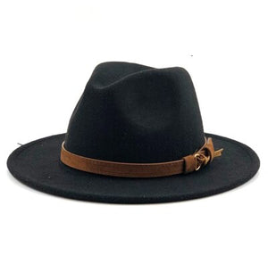 Fashion Men Women Wide Brim Wool Felt Hat Formal Party Jazz Trilby Fedora Hat with Belt Buckle Yellow Orange Rosy Panama Cap