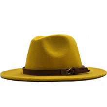 Load image into Gallery viewer, Fashion Men Women Wide Brim Wool Felt Hat Formal Party Jazz Trilby Fedora Hat with Belt Buckle Yellow Orange Rosy Panama Cap