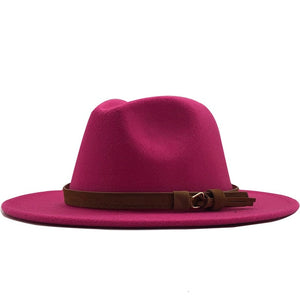 Fashion Men Women Wide Brim Wool Felt Hat Formal Party Jazz Trilby Fedora Hat with Belt Buckle Yellow Orange Rosy Panama Cap