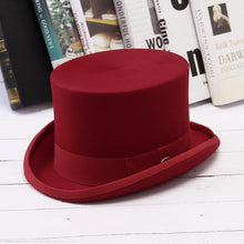 Load image into Gallery viewer, GEMVIE 13cm 100% Wool Felt Red Top Hat Cylinder Hat for Men Women Topper Mad Hatter Party Costume Fedora Derby Magician Hat