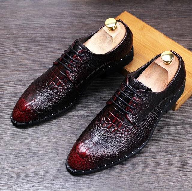 Men's Crocodile Dress Leather Shoes Lace-Up Wedding Party Shoes Mens Business Office Oxfords Flats Plus Size Men Fashion