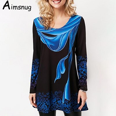 Print Blue Tops Long Sleeve Elasticity Female T-Shirt Casual Loose Ladies Tee Shirt