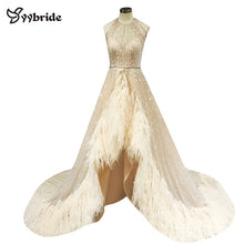 Load image into Gallery viewer, Celebrity Dresses Halter Neck Crystal Luxury Evening Dress Sleeveless Feather Prom Dress Backless Beading Actual Images Dresses