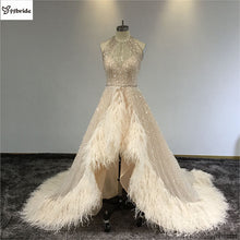 Load image into Gallery viewer, Celebrity Dresses Halter Neck Crystal Luxury Evening Dress Sleeveless Feather Prom Dress Backless Beading Actual Images Dresses