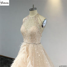 Load image into Gallery viewer, Celebrity Dresses Halter Neck Crystal Luxury Evening Dress Sleeveless Feather Prom Dress Backless Beading Actual Images Dresses