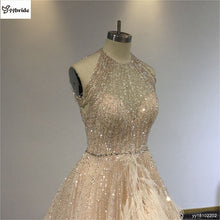 Load image into Gallery viewer, Celebrity Dresses Halter Neck Crystal Luxury Evening Dress Sleeveless Feather Prom Dress Backless Beading Actual Images Dresses