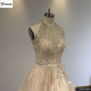 Celebrity Dresses Halter Neck Crystal Luxury Evening Dress Sleeveless Feather Prom Dress Backless Beading Actual Images Dresses