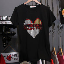 Load image into Gallery viewer, loose Large size 3XL Pure cotton Hot drilling black T-shirts women short sleeve summer Korean version Tees Tops 2020 Trend C1075